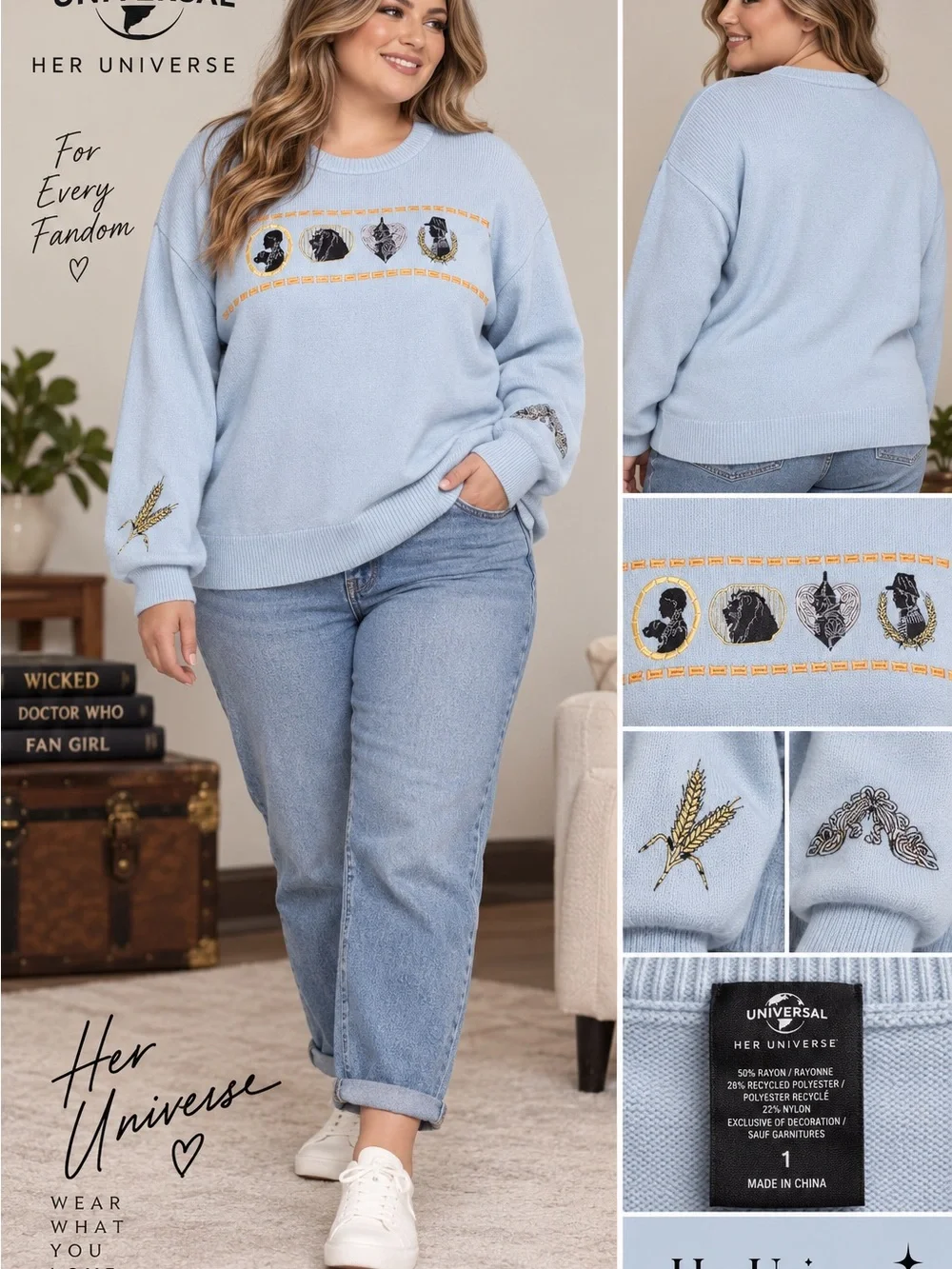 Her Universe Wicked Group Silhouette Knit Sweater 1X NWT Dorothy Oz Embroidered